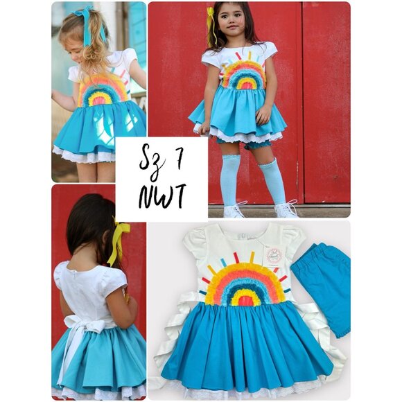 Sz 7 Girl August Stay Golden teal linen rainbow dress and shorts set NWT - Picture 3 of 8